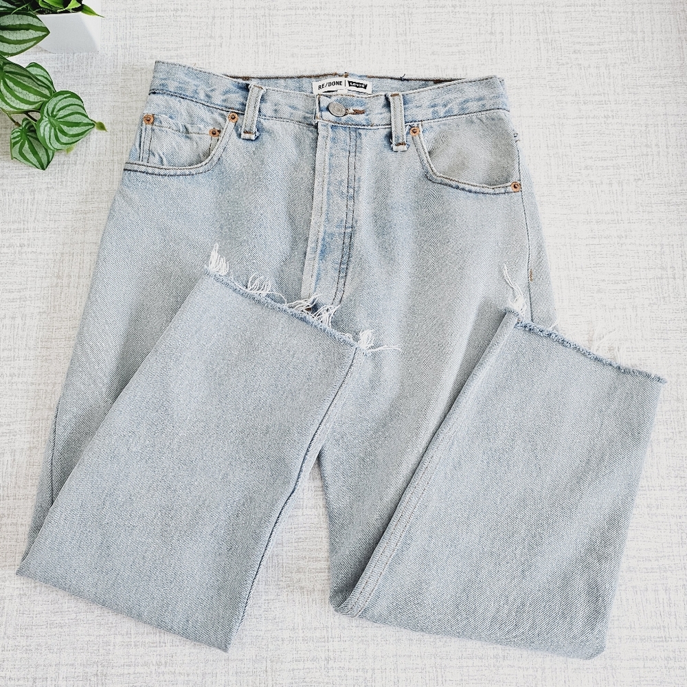 Re/Done Levi's High Waist Ankle Straight Cotton Distressed Hem Jeans SZ 25